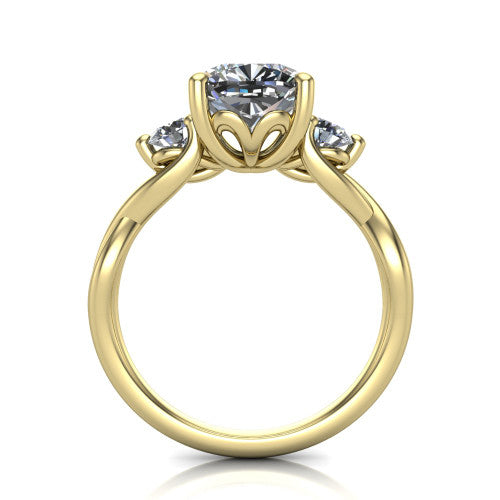 Lydia cushion three stone engagement ring in 14K Yellow Gold, through-finger front profile showing the three-stone head, floral filigree under-gallery, and woven shank