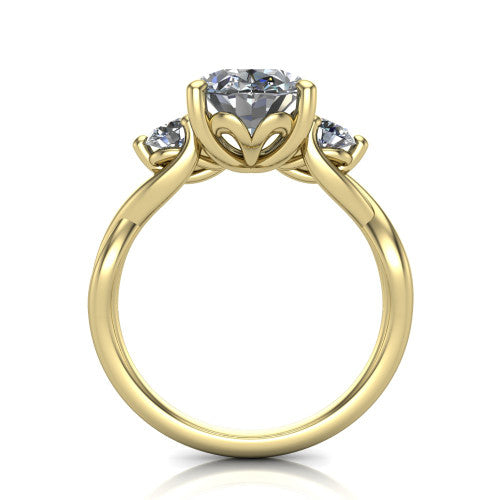 Lydia oval three stone engagement ring in 18K Yellow Gold, through-finger front profile showing the three-stone head, floral filigree under-gallery, and woven shank