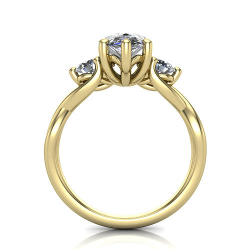 Lydia pear three stone engagement ring in 18K Yellow Gold, through-finger front profile showing the three-stone head, floral filigree under-gallery, and woven shank