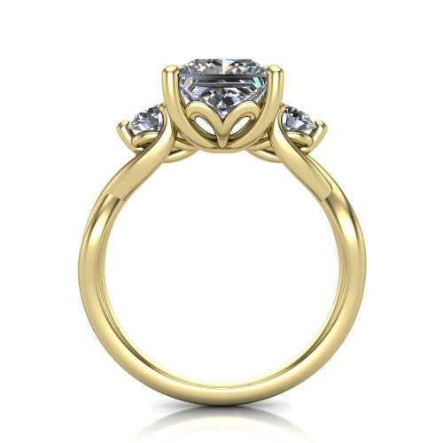 Lydia princess three stone engagement ring in 18K Yellow Gold, through-finger front profile showing the three-stone head, floral filigree under-gallery, and woven shank