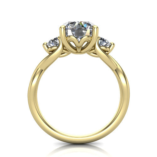 Lydia round three stone engagement ring in 18K Yellow Gold, through-finger front profile showing the three-stone head, floral filigree under-gallery, and woven shank