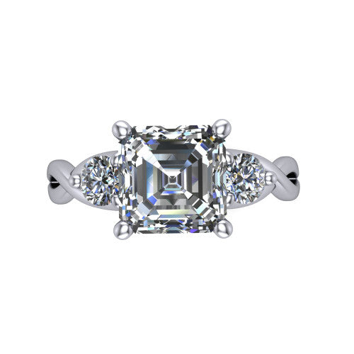 Lydia square emerald three stone engagement ring in 14K White Gold, top-down view showing the step-cut square emerald center diamond with two matched round side diamonds