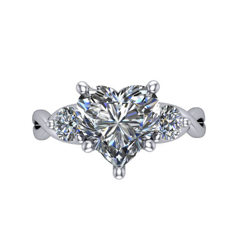 Lydia heart three stone engagement ring in 14K White Gold, top-down view showing the brilliant heart-shaped center diamond with two matched round side diamonds