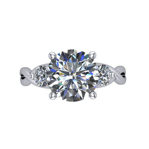 Lydia round three stone engagement ring in Platinum, top-down view showing the brilliant round center diamond with two matched round side diamonds
