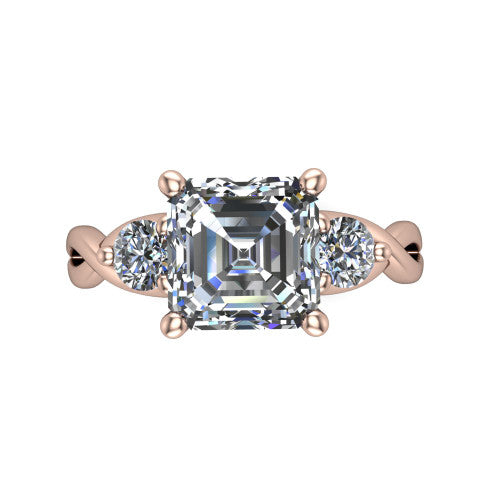 Lydia square emerald three stone engagement ring in 18K Rose Gold, top-down view showing the step-cut square emerald center diamond with two matched round side diamonds