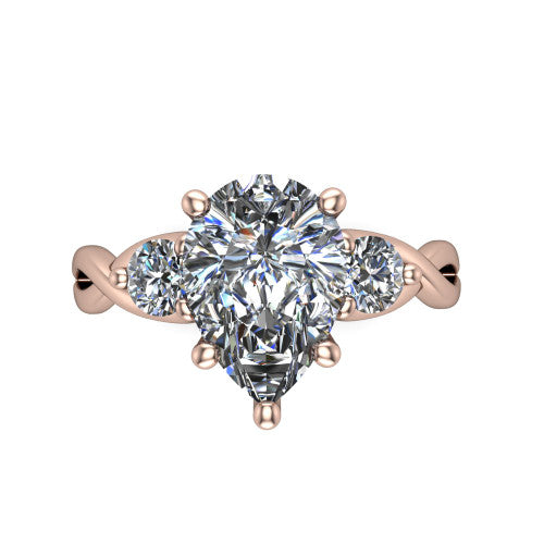 Lydia pear three stone engagement ring in 14K Rose Gold, top-down view showing the brilliant pear-cut center diamond with two matched round side diamonds