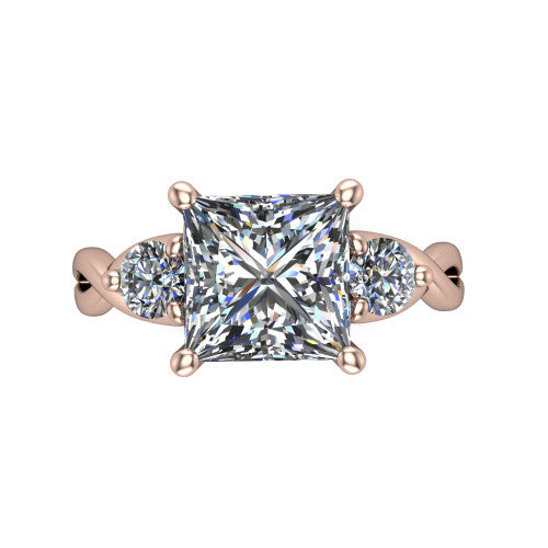 Lydia princess three stone engagement ring in 18K Rose Gold, top-down view showing the brilliant princess-cut center diamond with two matched round side diamonds