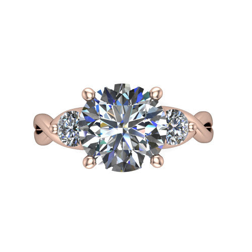 Lydia round three stone engagement ring in 14K Rose Gold, top-down view showing the brilliant round center diamond with two matched round side diamonds