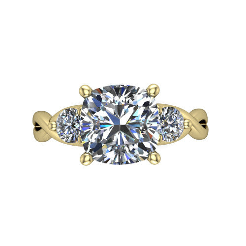 Lydia cushion three stone engagement ring in 18K Yellow Gold, top-down view showing the brilliant cushion-cut center diamond with two matched round side diamonds