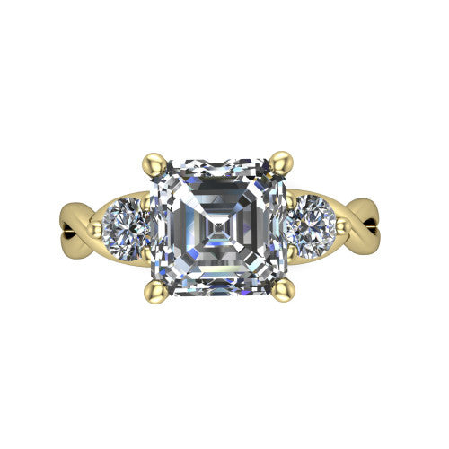 Lydia square emerald three stone engagement ring in 18K Yellow Gold, top-down view showing the step-cut square emerald center diamond with two matched round side diamonds