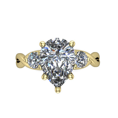 Lydia pear three stone engagement ring in 18K Yellow Gold, top-down view showing the brilliant pear-cut center diamond with two matched round side diamonds