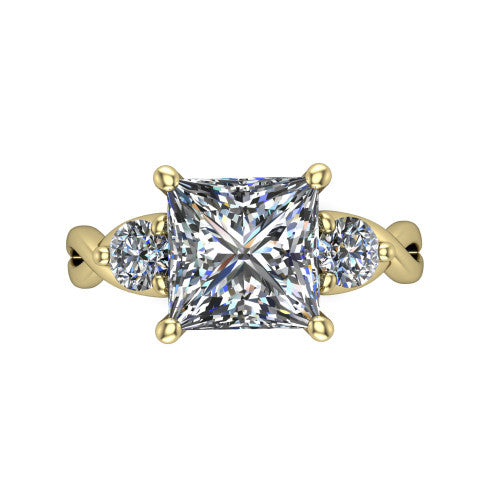 Lydia princess three stone engagement ring in 18K Yellow Gold, top-down view showing the brilliant princess-cut center diamond with two matched round side diamonds