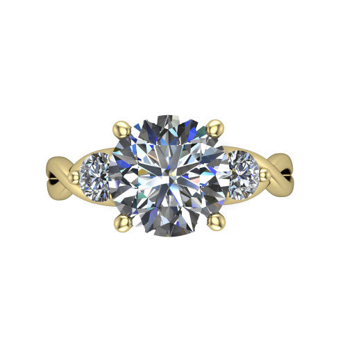 Lydia round three stone engagement ring in 18K Yellow Gold, top-down view showing the brilliant round center diamond with two matched round side diamonds