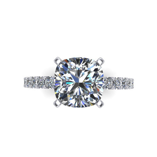 Elizabeth cushion solitaire engagement ring in 18K White Gold, top-down view showing the brilliant cushion-cut center diamond held by four prongs above the pave band