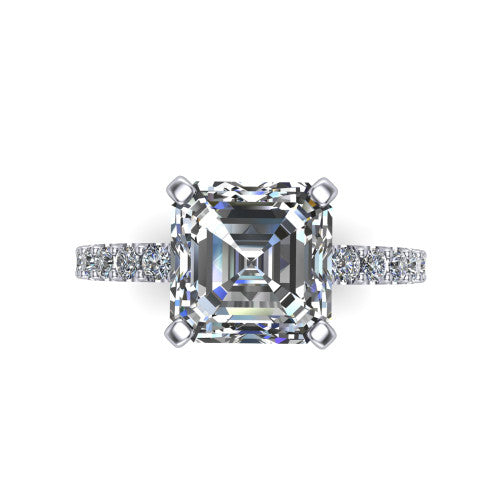 Elizabeth square emerald solitaire engagement ring in 14K White Gold, top-down view showing the step-cut square emerald center diamond held by four prongs above the pave band
