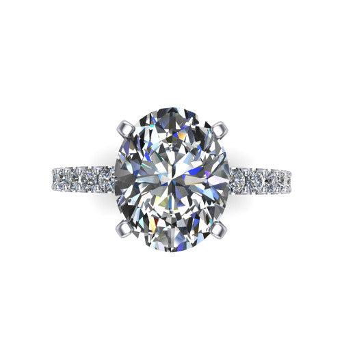 Elizabeth oval solitaire engagement ring in 14K White Gold, top-down view showing the brilliant oval center diamond held by four prongs above the pave band