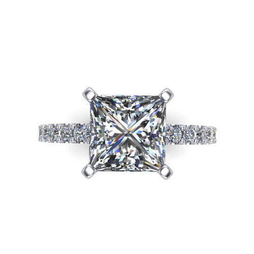 Elizabeth princess solitaire engagement ring in 14K White Gold, top-down view showing the brilliant princess-cut center diamond held by four prongs above the pave band