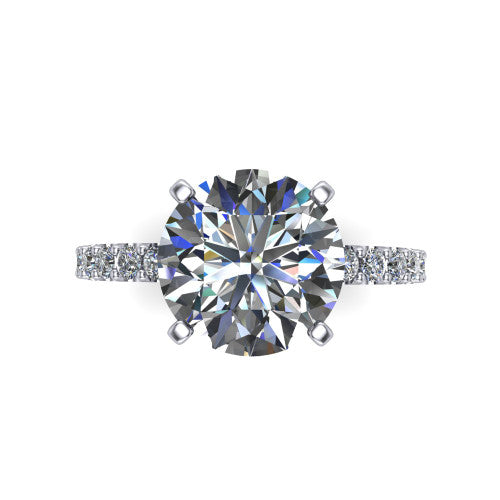 Elizabeth round solitaire engagement ring in 14K White Gold, top-down view showing the brilliant round center diamond held by four prongs above the pave band