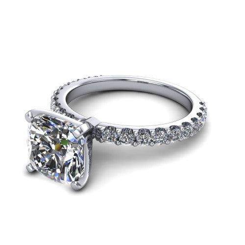 Elizabeth cushion solitaire engagement ring in 14K White Gold, three-quarter perspective showing the brilliant cushion-cut center diamond on a French-pave eternity diamond band