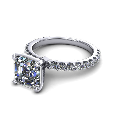 Elizabeth square emerald solitaire engagement ring in 14K White Gold, three-quarter perspective showing the step-cut square emerald center diamond on a French-pave eternity diamond band