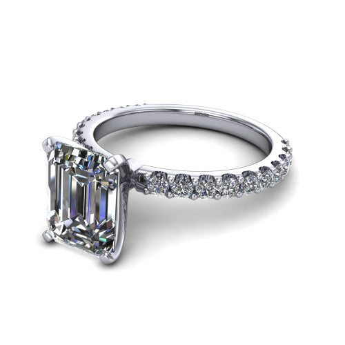 Elizabeth emerald solitaire engagement ring in 14K White Gold, three-quarter perspective showing the step-cut emerald center diamond on a French-pave eternity diamond band