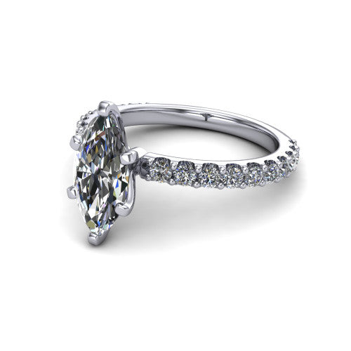 Elizabeth marquise solitaire engagement ring in 14K White Gold, three-quarter perspective showing the brilliant marquise center diamond on a French-pave eternity diamond band