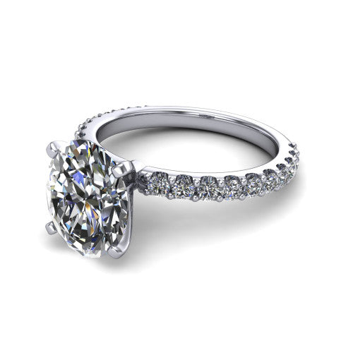 Elizabeth oval solitaire engagement ring in 14K White Gold, three-quarter perspective showing the brilliant oval center diamond on a French-pave eternity diamond band