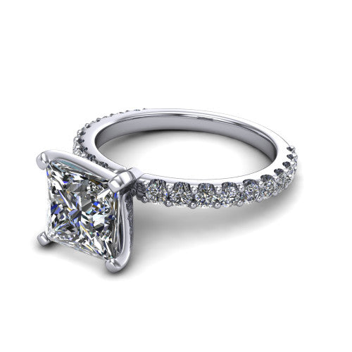 Elizabeth princess solitaire engagement ring in 18K White Gold, three-quarter perspective showing the brilliant princess-cut center diamond on a French-pave eternity diamond band