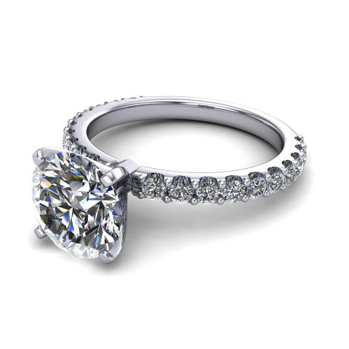 Elizabeth round solitaire engagement ring in 18K White Gold, three-quarter perspective showing the brilliant round center diamond on a French-pave eternity diamond band