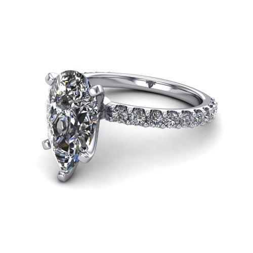 Elizabeth pear solitaire engagement ring in 14K White Gold, three-quarter perspective showing the brilliant pear-cut center diamond on a French-pave eternity diamond band