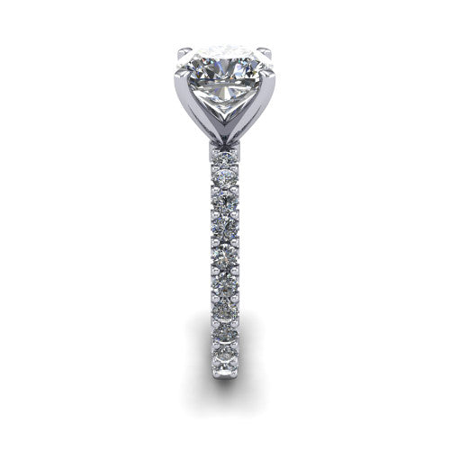 Elizabeth cushion solitaire engagement ring in 14K White Gold, side profile showing the pave diamonds running continuously around the shank