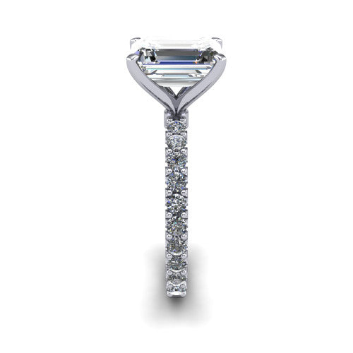 Elizabeth emerald solitaire engagement ring in 14K White Gold, side profile showing the pave diamonds running continuously around the shank