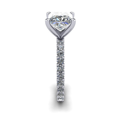 Elizabeth princess solitaire engagement ring in 18K White Gold, side profile showing the pave diamonds running continuously around the shank