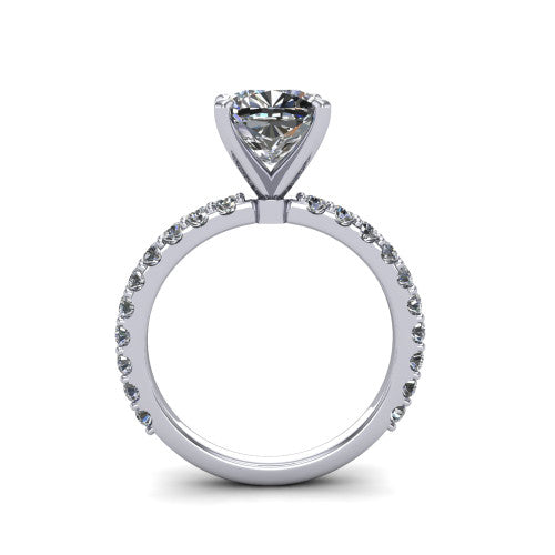 Elizabeth cushion solitaire engagement ring in Platinum, through-finger front profile showing the open under-gallery and pave eternity band