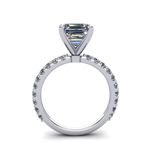 Elizabeth square emerald solitaire engagement ring in Platinum, through-finger front profile showing the open under-gallery and pave eternity band