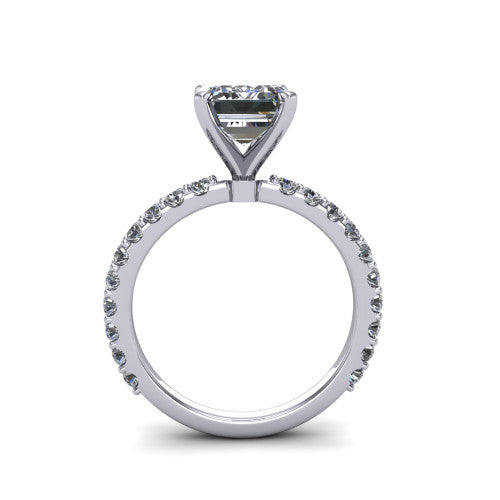 Elizabeth emerald solitaire engagement ring in 18K White Gold, through-finger front profile showing the open under-gallery and pave eternity band