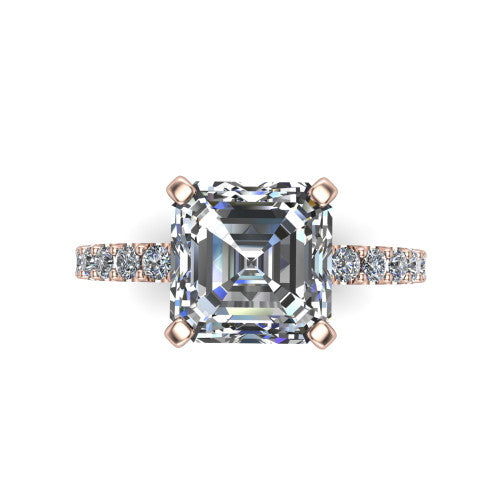 Elizabeth square emerald solitaire engagement ring in 14K Rose Gold, top-down view showing the step-cut square emerald center diamond held by four prongs above the pave band
