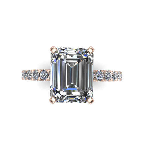 Elizabeth emerald solitaire engagement ring in 14K Rose Gold, top-down view showing the step-cut emerald center diamond held by four prongs above the pave band