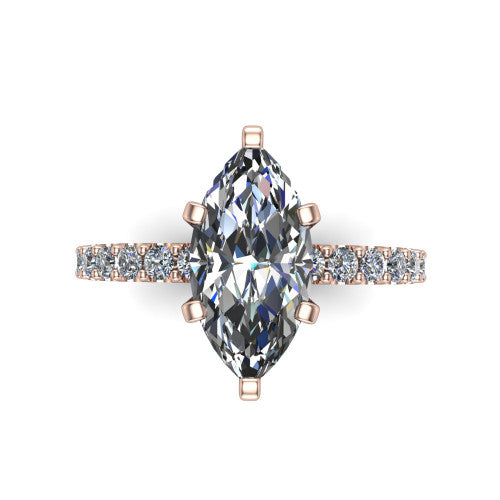Elizabeth marquise solitaire engagement ring in 14K Rose Gold, top-down view showing the brilliant marquise center diamond held by four prongs above the pave band