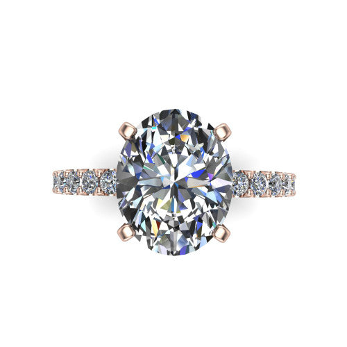 Elizabeth oval solitaire engagement ring in 14K Rose Gold, top-down view showing the brilliant oval center diamond held by four prongs above the pave band