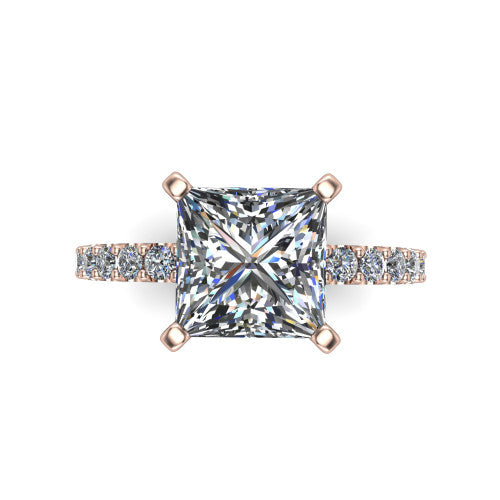 Elizabeth princess solitaire engagement ring in 18K Rose Gold, top-down view showing the brilliant princess-cut center diamond held by four prongs above the pave band