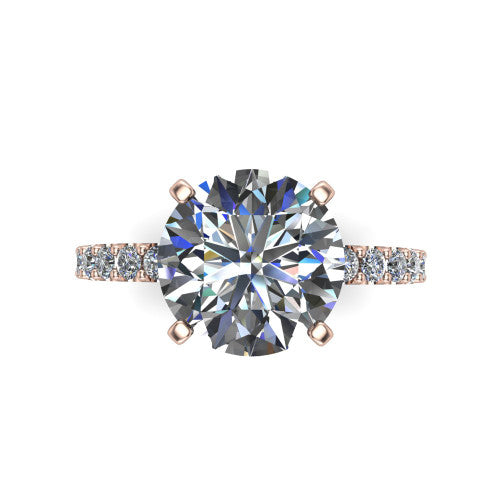 Elizabeth round solitaire engagement ring in 14K Rose Gold, top-down view showing the brilliant round center diamond held by four prongs above the pave band