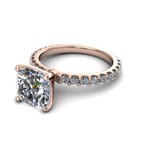 Elizabeth cushion solitaire engagement ring in 14K Rose Gold, three-quarter perspective showing the brilliant cushion-cut center diamond on a French-pave eternity diamond band