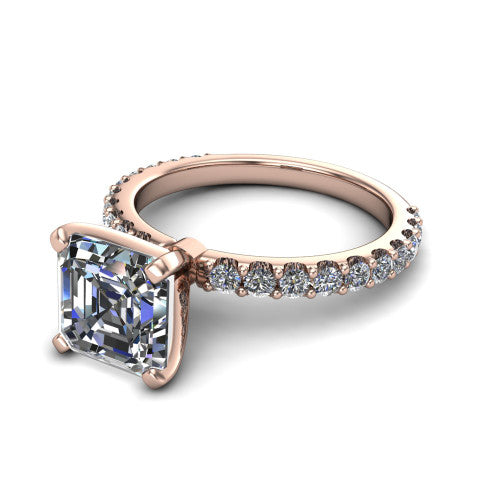 Elizabeth square emerald solitaire engagement ring in 18K Rose Gold, three-quarter perspective showing the step-cut square emerald center diamond on a French-pave eternity diamond band