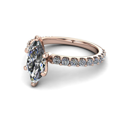 Elizabeth marquise solitaire engagement ring in 14K Rose Gold, three-quarter perspective showing the brilliant marquise center diamond on a French-pave eternity diamond band