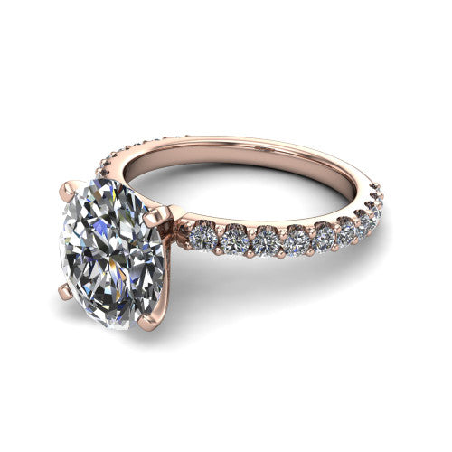 Elizabeth oval solitaire engagement ring in 14K Rose Gold, three-quarter perspective showing the brilliant oval center diamond on a French-pave eternity diamond band
