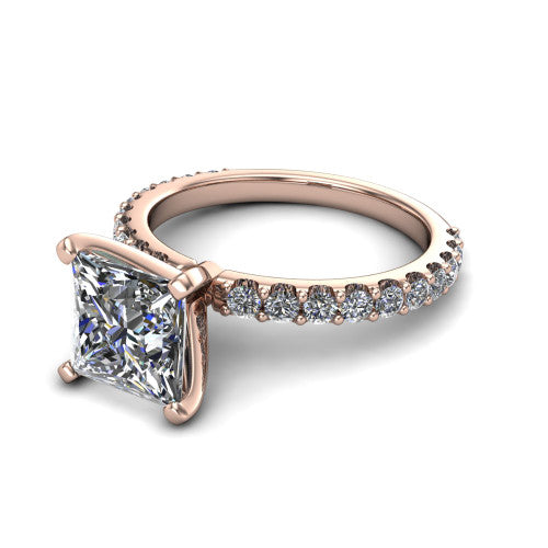 Elizabeth princess solitaire engagement ring in 18K Rose Gold, three-quarter perspective showing the brilliant princess-cut center diamond on a French-pave eternity diamond band
