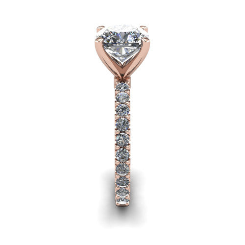 Elizabeth cushion solitaire engagement ring in 14K Rose Gold, side profile showing the pave diamonds running continuously around the shank