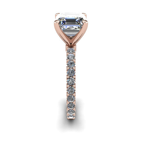 Elizabeth square emerald solitaire engagement ring in 14K Rose Gold, side profile showing the pave diamonds running continuously around the shank