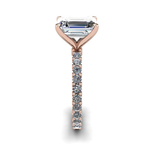 Elizabeth emerald solitaire engagement ring in 14K Rose Gold, side profile showing the pave diamonds running continuously around the shank